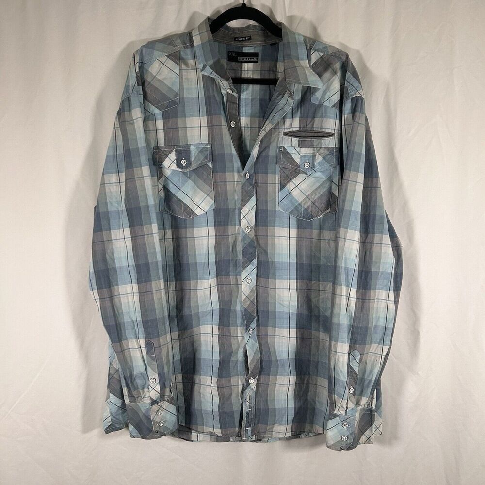Buckle Black Shirt Men's XXL White Blue Plaid Button Up Long Sleeve Athletic Fit